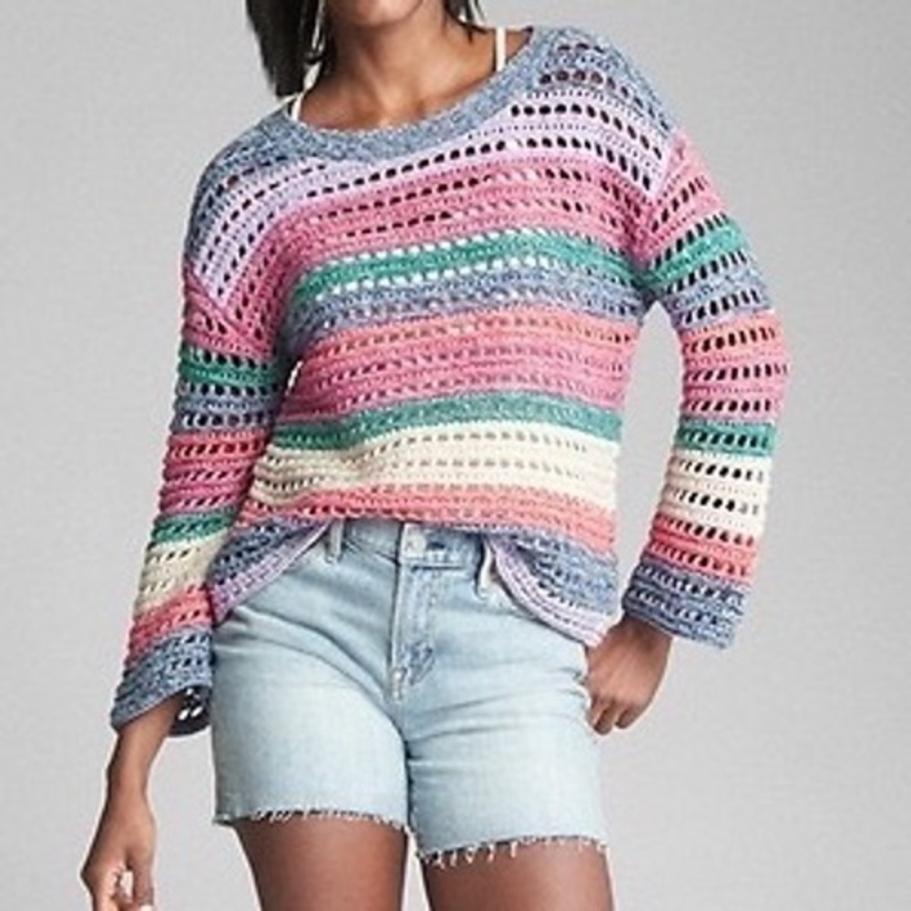 GAP Crocheted Striped Scoop Neck Sweater in Pink, Blue, Green, Cream